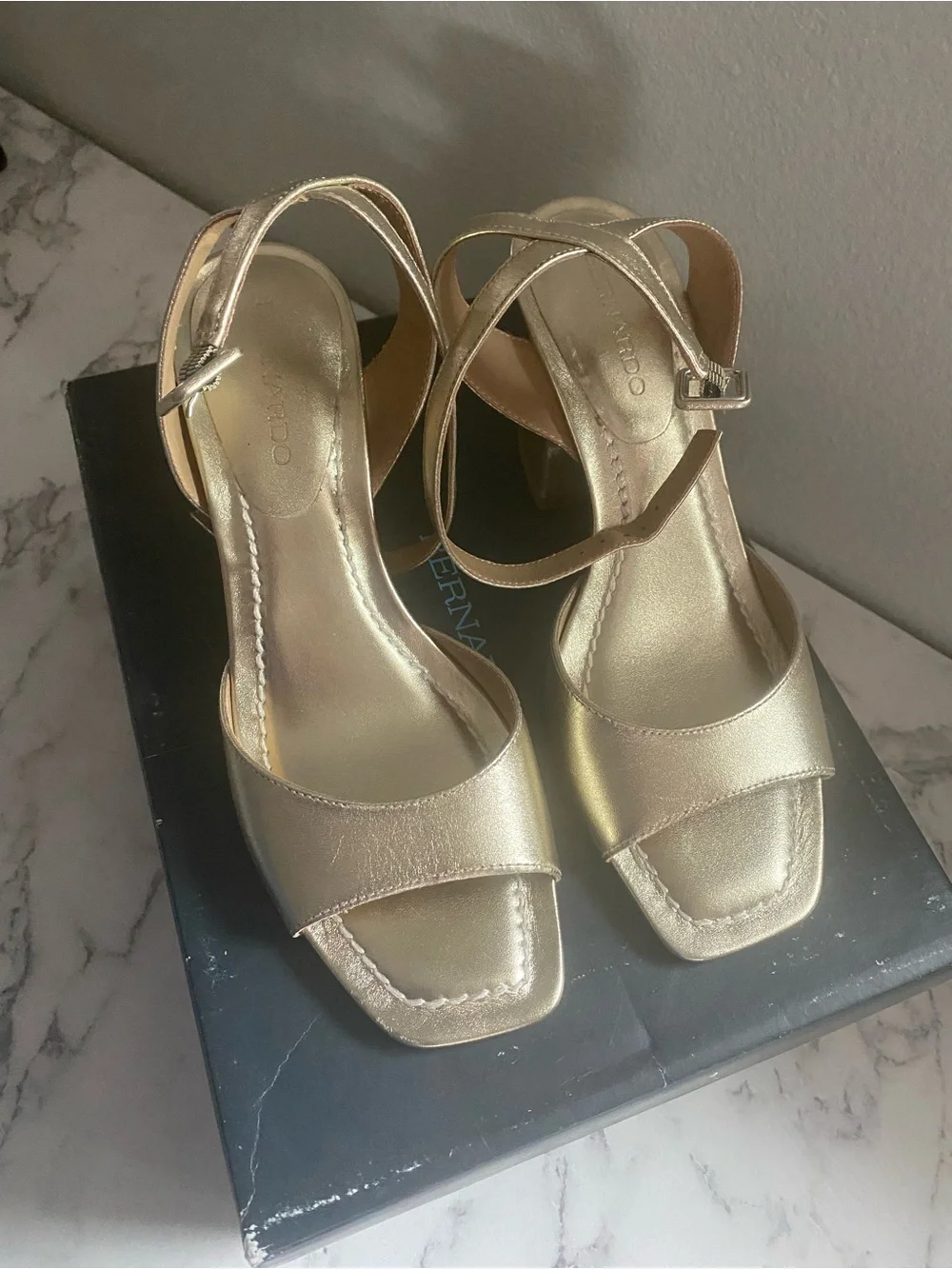 Bernardo Metallic Gold Strappy Block-Heel Sandals